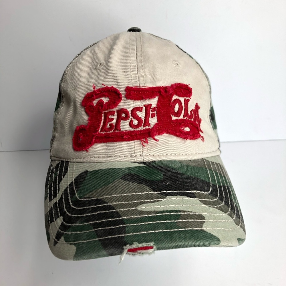 Pepsi Cola Distressed Camo Baseball Cap Hat Adj